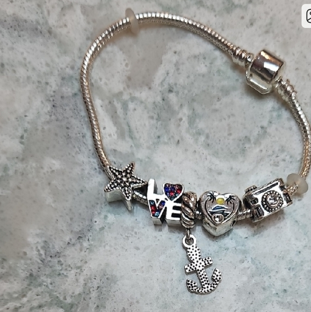 Silver Charm Bracelet with Nautical and Love Charms